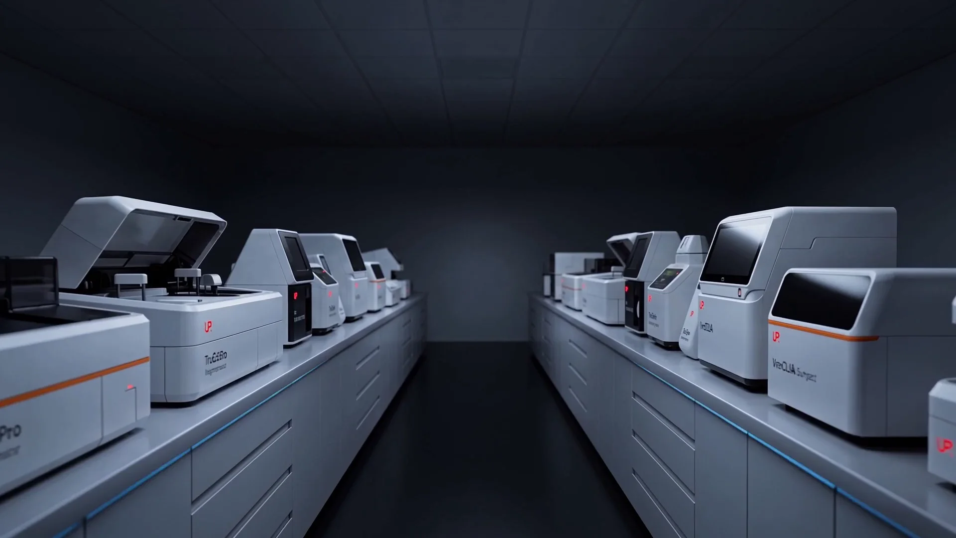 A Universal Prognostics diagnostics lab at rest — the TruE² bench of analyzers under low clinical light, no people