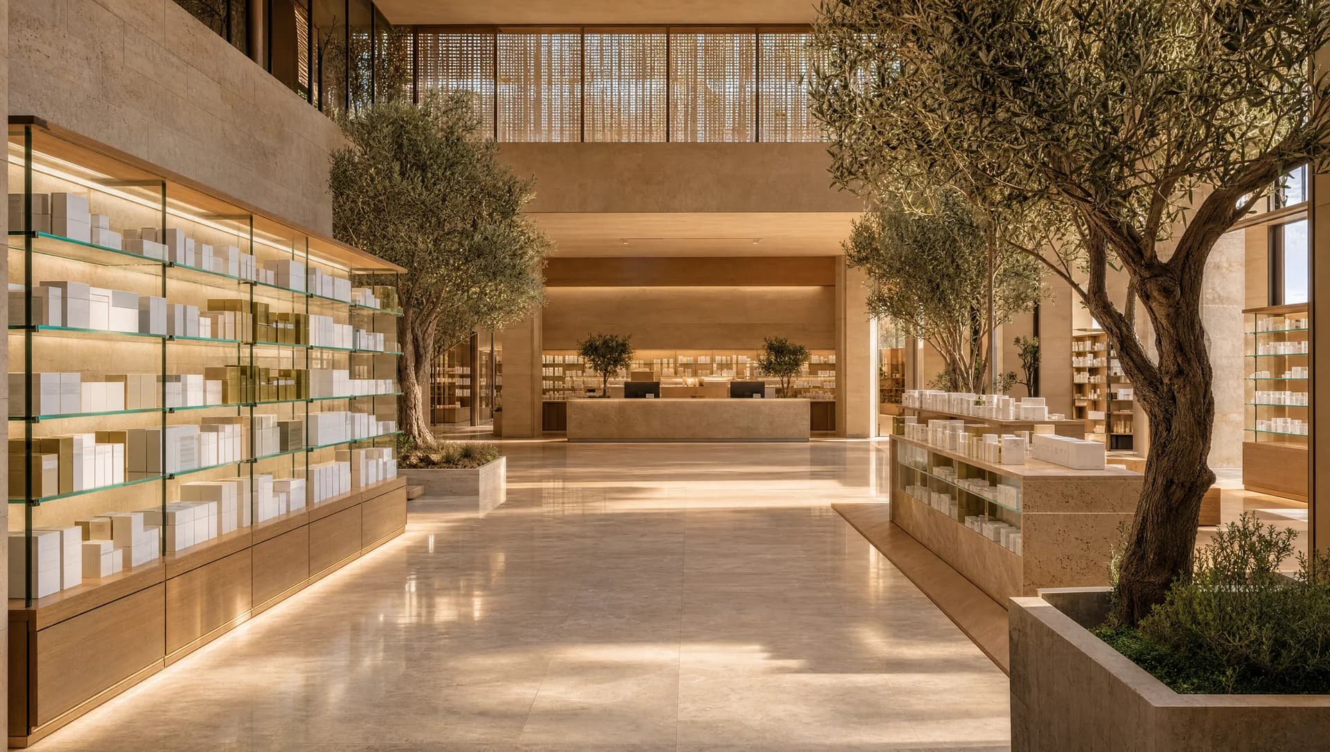 Universal Swiss flagship pharmacy — open limestone interior with glass shelving and indoor trees