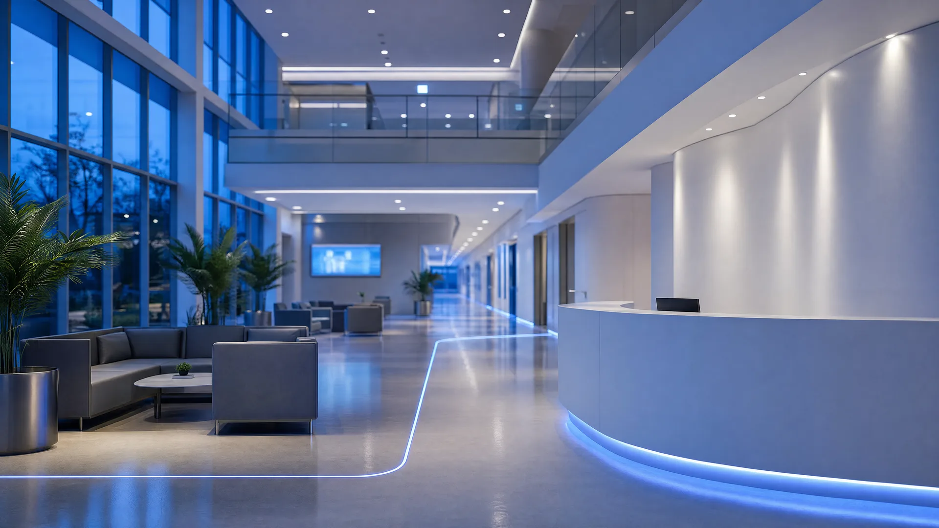 Flagship hospital atrium at blue hour — cobalt floor-guide light tracing a curved reception desk down a clinical corridor